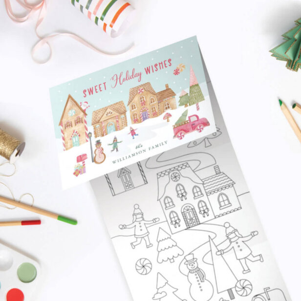 Sweet Holiday Wishes Gingerbread Town Fun Coloring Tri-Fold Holiday Card