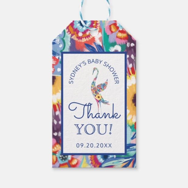 Thank You Floral Botanical Stork Baby Boy Shower Gift Tags