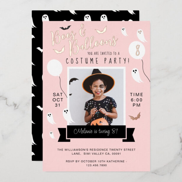 Bat & Ghost Halloween Costume Birthday Party Photo Gold Foil Invitation