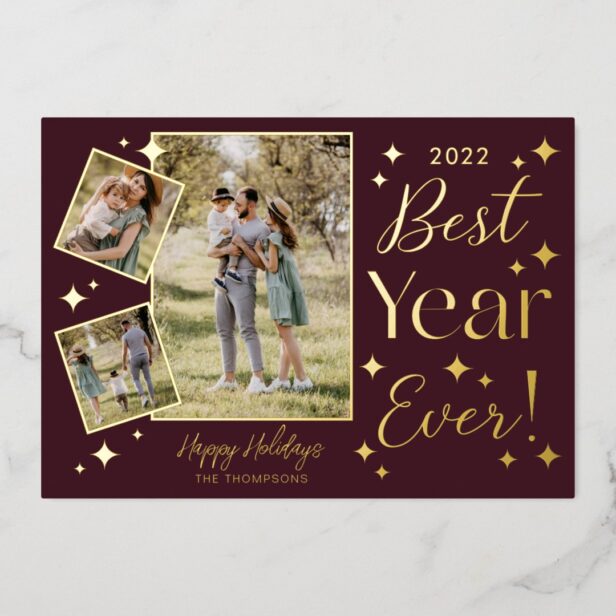 Best Year Ever! 3 Family Photo Scrapbook Collage Foil Holiday Card
