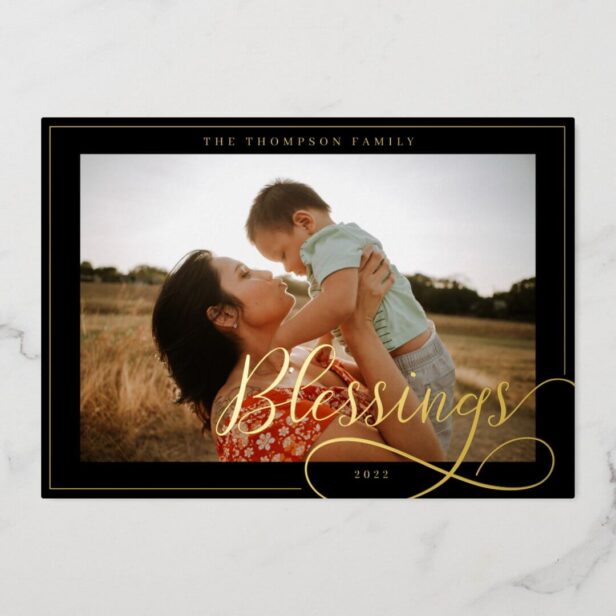 Blessings Elegant Script Calligraphy Family Photo Foil Holiday Card
