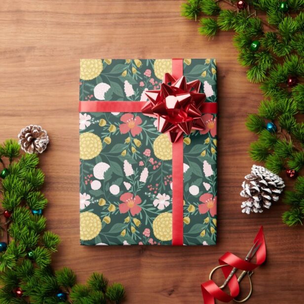 Botanical Floral Festive Garden Pattern Green Wrapping Paper