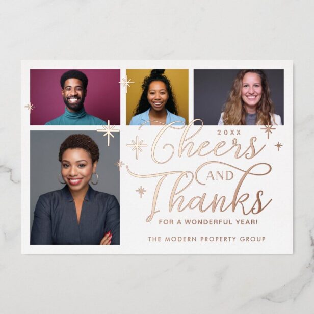 Cheers & Thanks Script Business Team Four Photo Foil Holiday Card