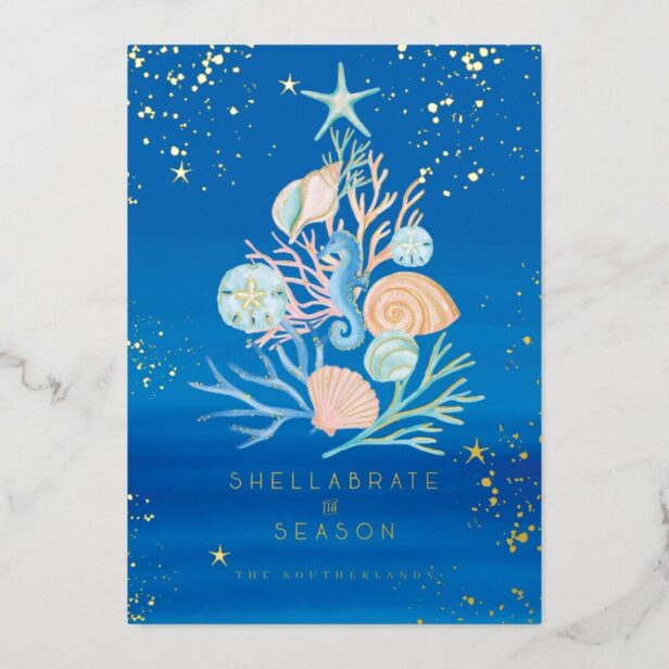 Coastal Ocean Beach Seashell Christmas Tree Foil Holiday Card