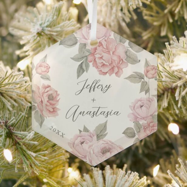 Couple's First Christmas Elegant Script Pink Peony Glass Ornament