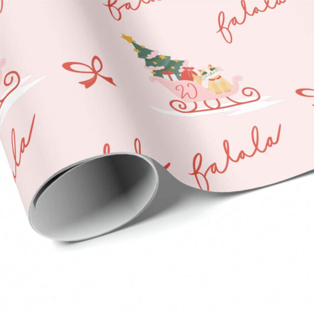 Cut Fa La La Hand Lettering Cat Christmas Sleigh Pink Wrapping Paper