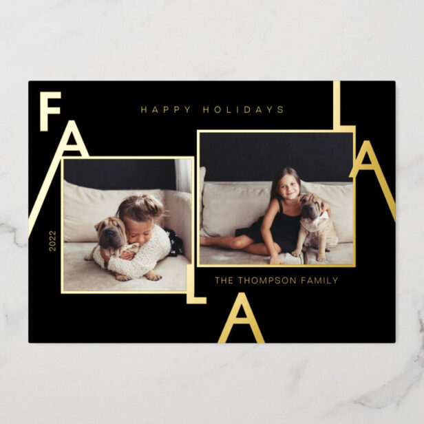 Fa La La Bold Letters Minimalist Modern 2 Photo Foil Black Holiday Card