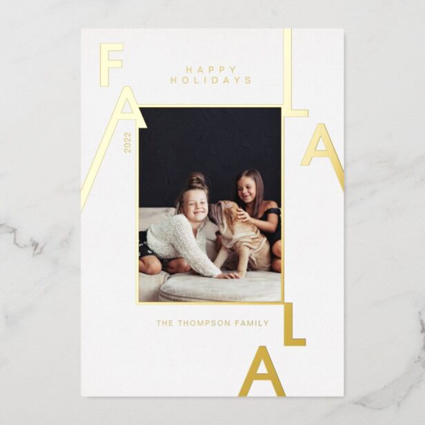 Fa La La Bold Letters Minimalist Modern Photo Foil White Holiday Card