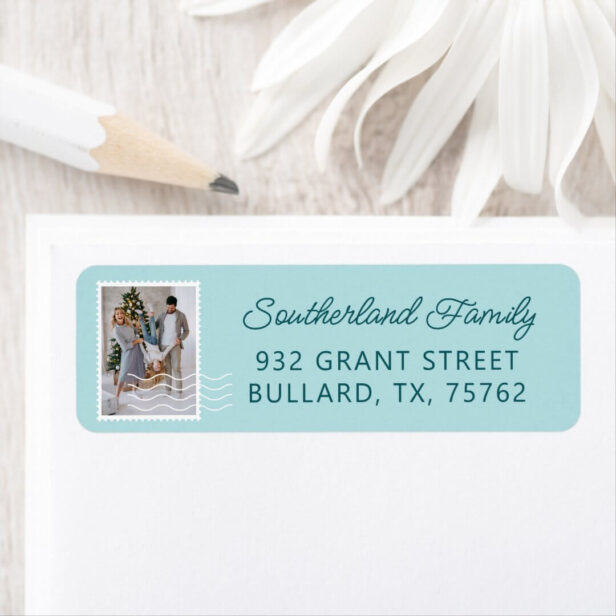 Family Photo Postage Stamps Delivery Personalized Blue Label