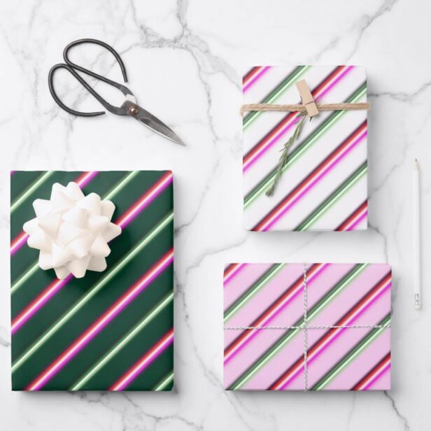 Fun Colorful Pink & Green Neon Stripe Candy Cane Wrapping Paper Sheets