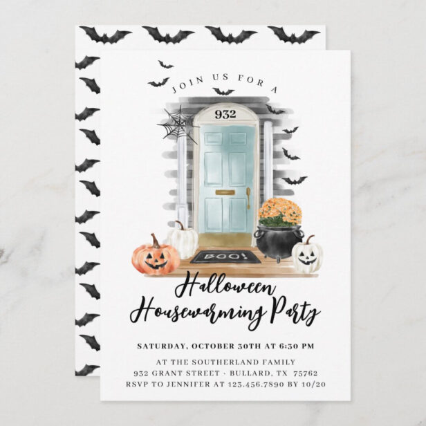 Fun Halloween Housewarming Party Blue Front Door Announcement