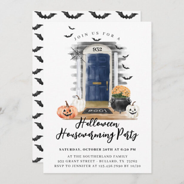 Fun Halloween Housewarming Party Navy Front Door Announcement