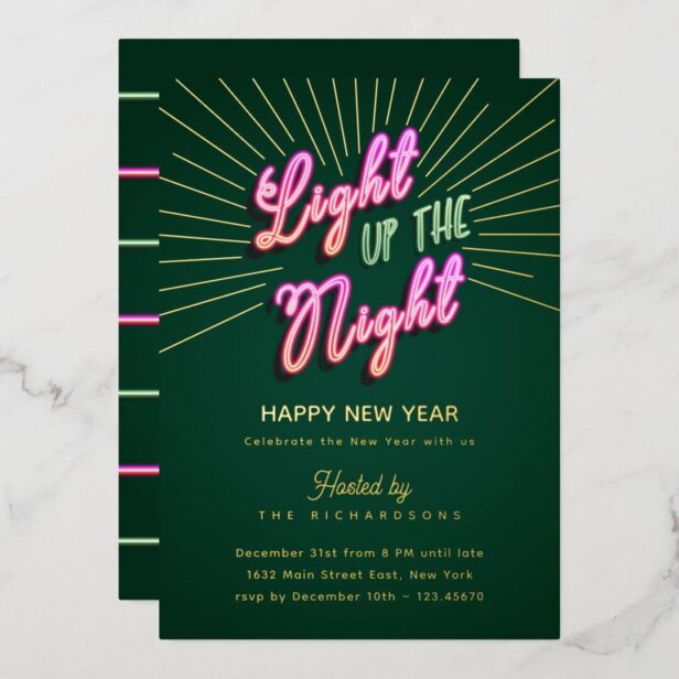 Fun Retro Pink Green Neon Happy New Year Party Foil Holiday Card