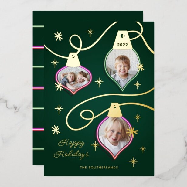 Fun pink & Green Neon Photo Christmas Ornaments Foil Holiday Card