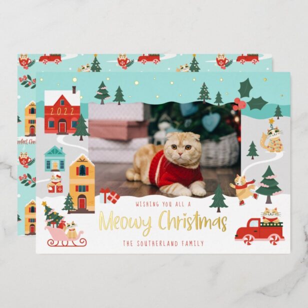 Funny Meowy Cat Christmas Snowy Winter Scene Photo Foil Holiday Card