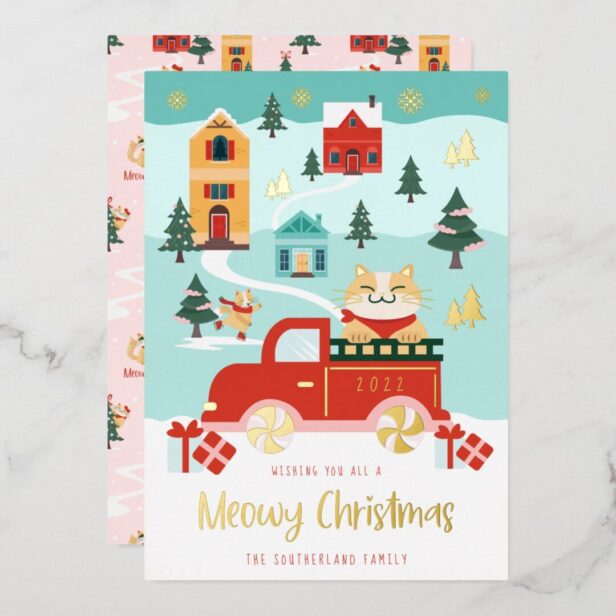 Funny Meowy Cat & Red Truck Winter Town Scene Foil Holiday Card