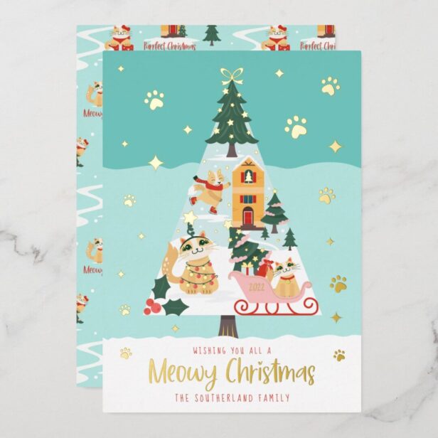 Funny Meowy Cats Christmas Tree Snowy Winter Scene Gold Foil Holiday Card
