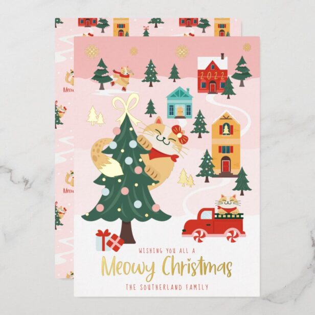 Funny Meowy Peeking Cat Christmas Winter Village Foil Holiday Card