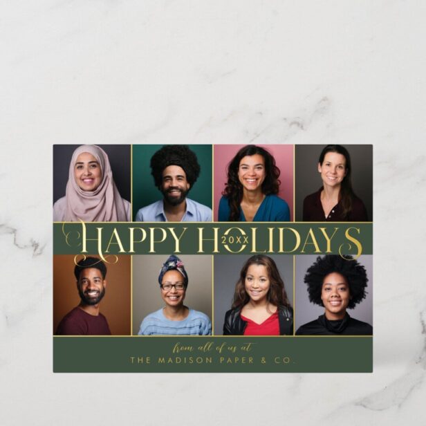 Happy Holidays Corp Team Business Photos & Logo Gold Foil Green Holiday Card