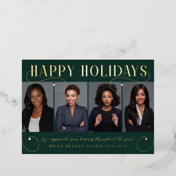 Happy Holidays Corp Team Business Photos & Logo Green Foil Holiday Card