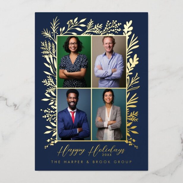 Happy Holidays Festive Holly Team Photos Business Foil Navy Holiday Card