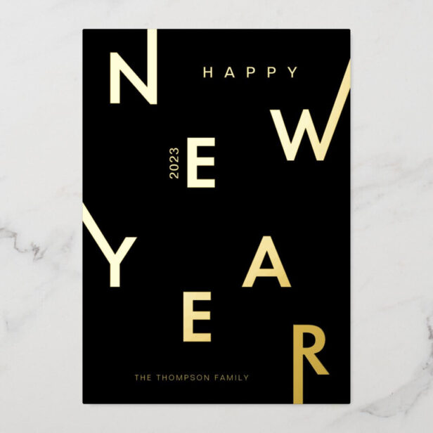 Happy New Year Bold Letters Minimal Modern Photo Foil Holiday Card