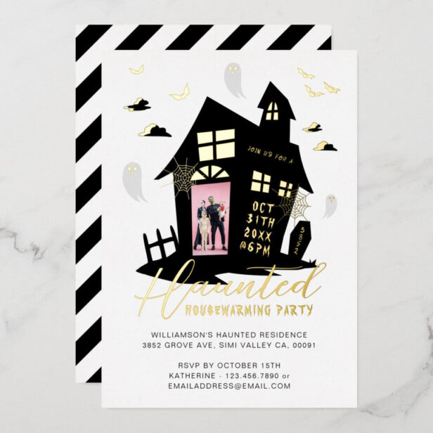 Haunted House Halloween Housewarming Party Photo Gold Foil White Invitation