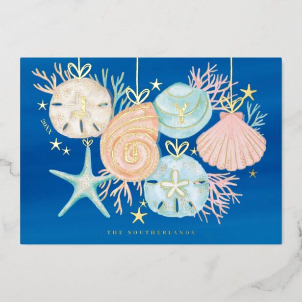 Joy Christmas Ocean Watercolor Seashell Ornaments Foil Blue Holiday Card