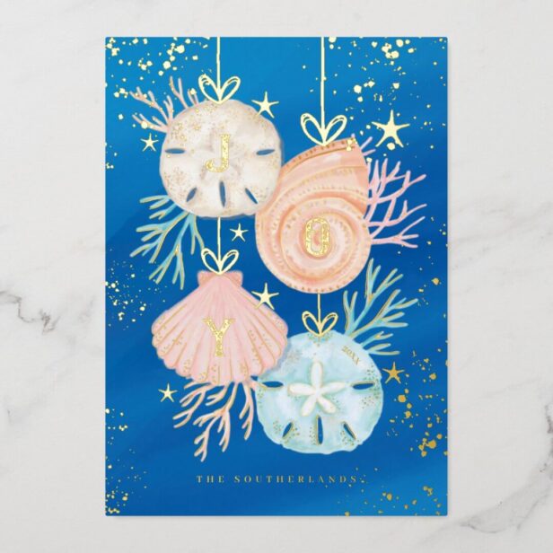 Joy Christmas Ocean Watercolor Seashell Ornaments Foil Holiday Card
