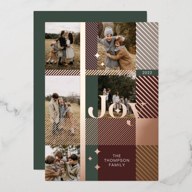 Joy Elegant Plaid 5 Family Photo Plaid Collage Foil Holiday Card