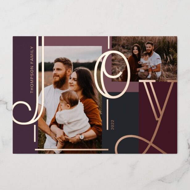Joy Overlay Bold Modern Purple Color Blocks Family Photos Foil Holiday Card