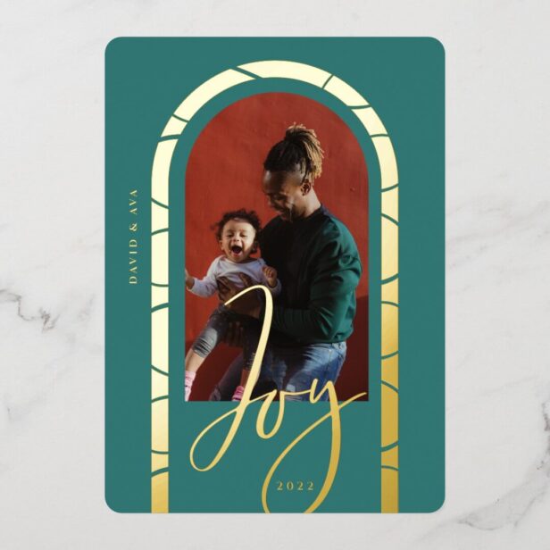 Joy Script Elegant Arch Photo Family Frame Foil Holiday Card