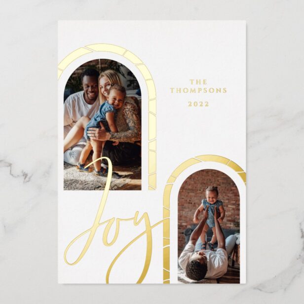 Joy Script Elegant Photo Family Modern Arches Foil Holiday Card
