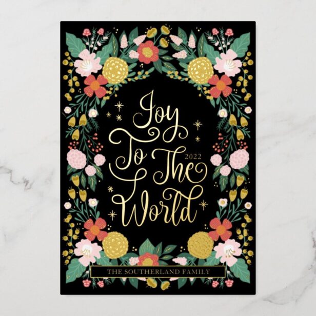 Joy To The World Floral Garden Elegant Photo Frame Foil Black Holiday Card
