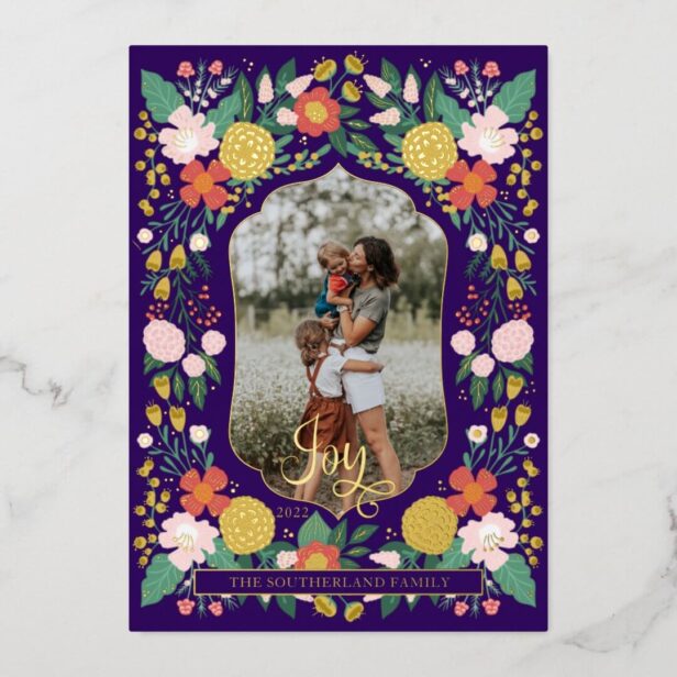Joyful Botanical Floral Garden Elegant Photo Frame Foil Purple Holiday Card