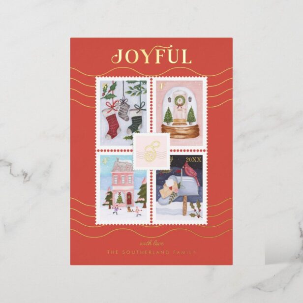 Joyful Festive Christmas Scenes Postage Stamps Foi Foil Holiday Card