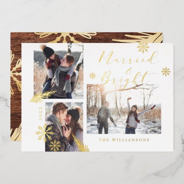 Married & Bright Rustic Wood Gold Snowflake Photo Foil Holiday Card