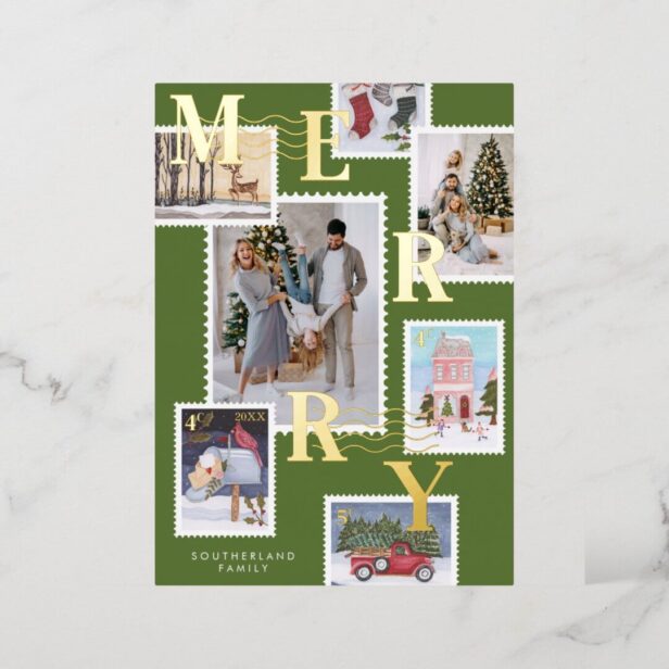 Merry Christmas Family Photos Postage Stamps Gold Foil Green Holiday Card