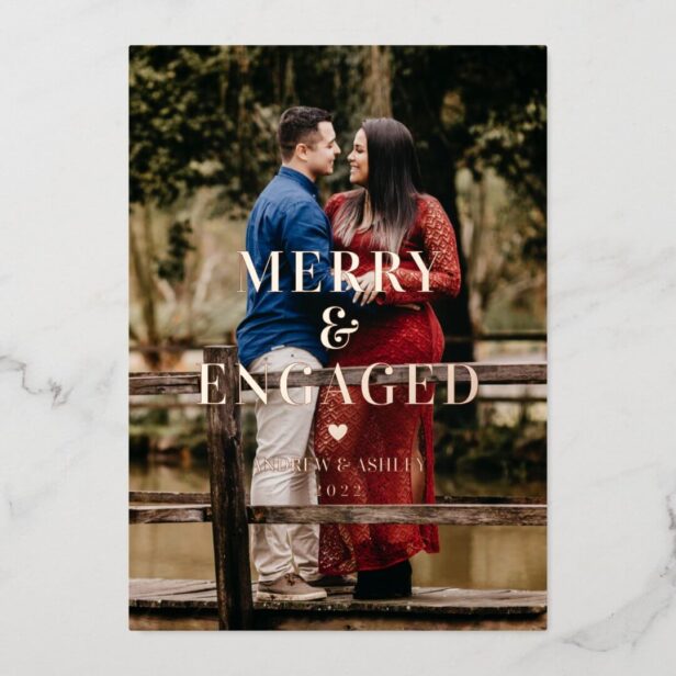 Merry & Engaged Minimal Frame Photo Engagement Foil Holiday Card