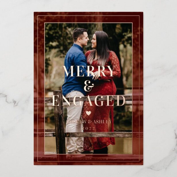 Merry & Engaged Minimal Frame Photo Engagement Foil Holiday Card