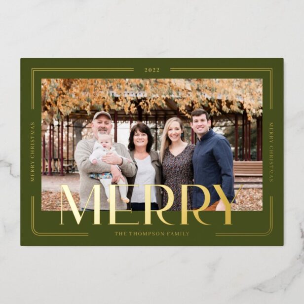 Merry Simple & Modern Gold Frame Family Photo Foil Holiday Card