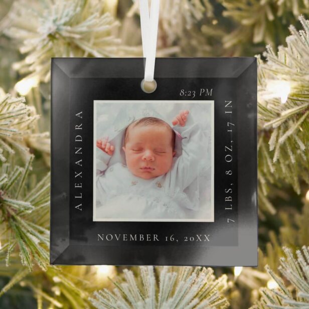 Minimal Baby Name Birth Stats Photo Black Keepsake Glass Ornament