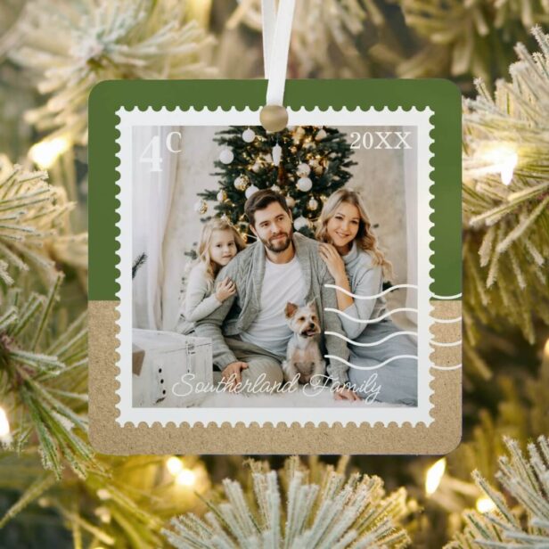Minimal Family Photos Postage Stamps Personalized Green Two Tone Metal Ornament