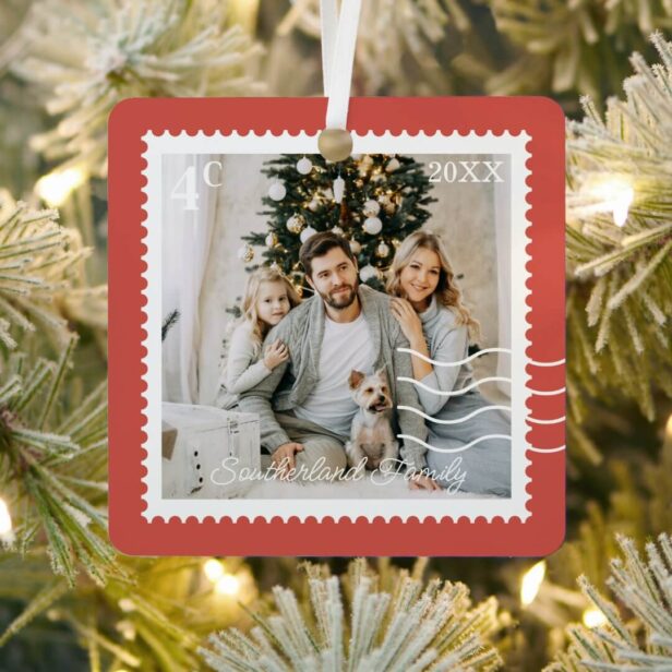 Minimal Family Photos Postage Stamps Personalized Red Metal Ornament
