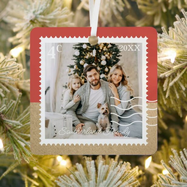 Minimal Family Photos Postage Stamps Personalized Red Two Tone Metal Ornament