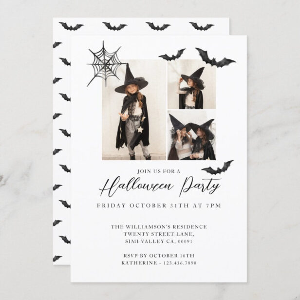 Minimal Three Photo Spooky Bats Halloween Party Invitation
