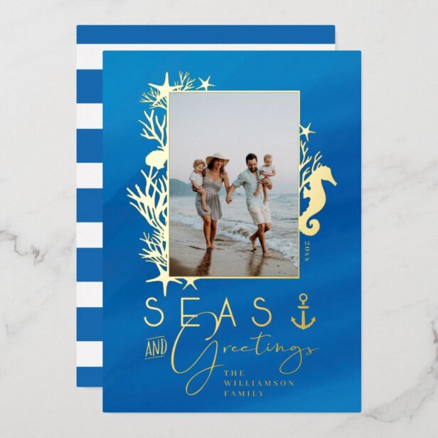 Nautical Blue Seas & Greetings Ocean Photo Frame Foil Holiday Card