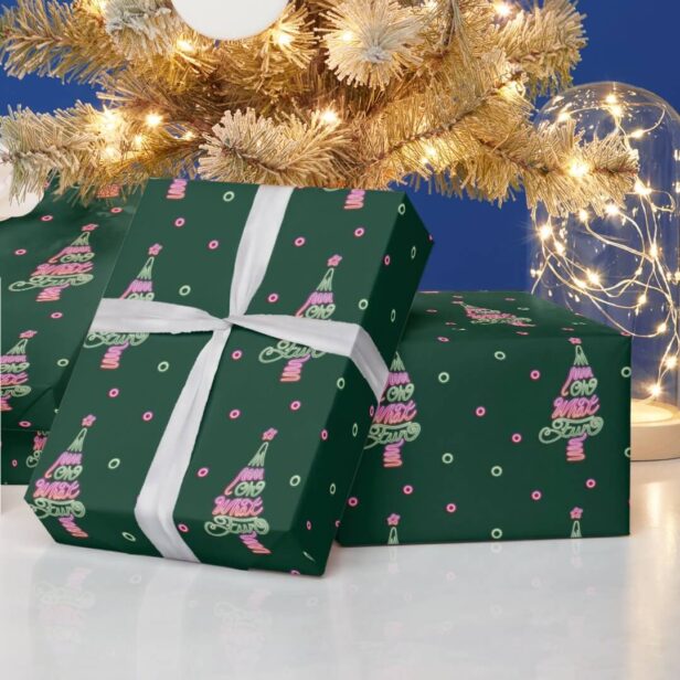 Oh What Fun Pink Green Neon Lights Christmas Tree Wrapping Paper
