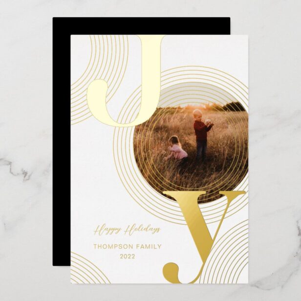 Ripples of Joy Modern Concentric Circles Photo Foil White Holiday Card