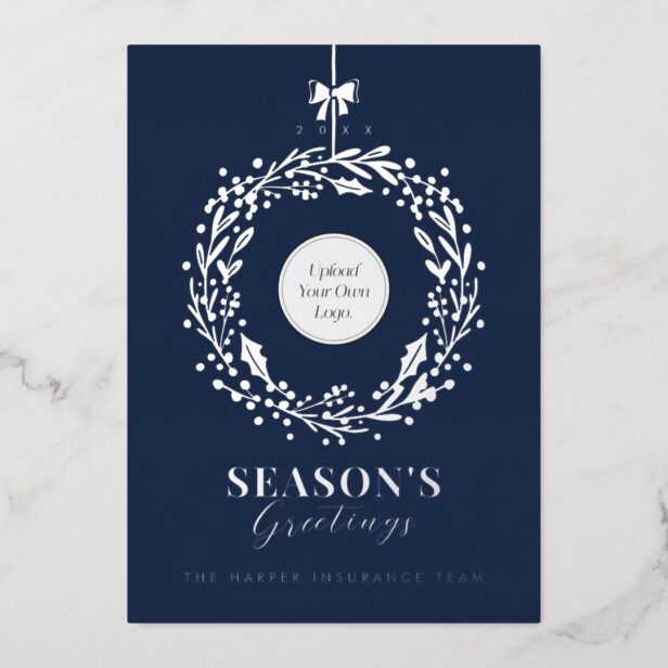 Season's Greeting Wreath Business Logo & Photo Foil Navy Blue Holiday Card